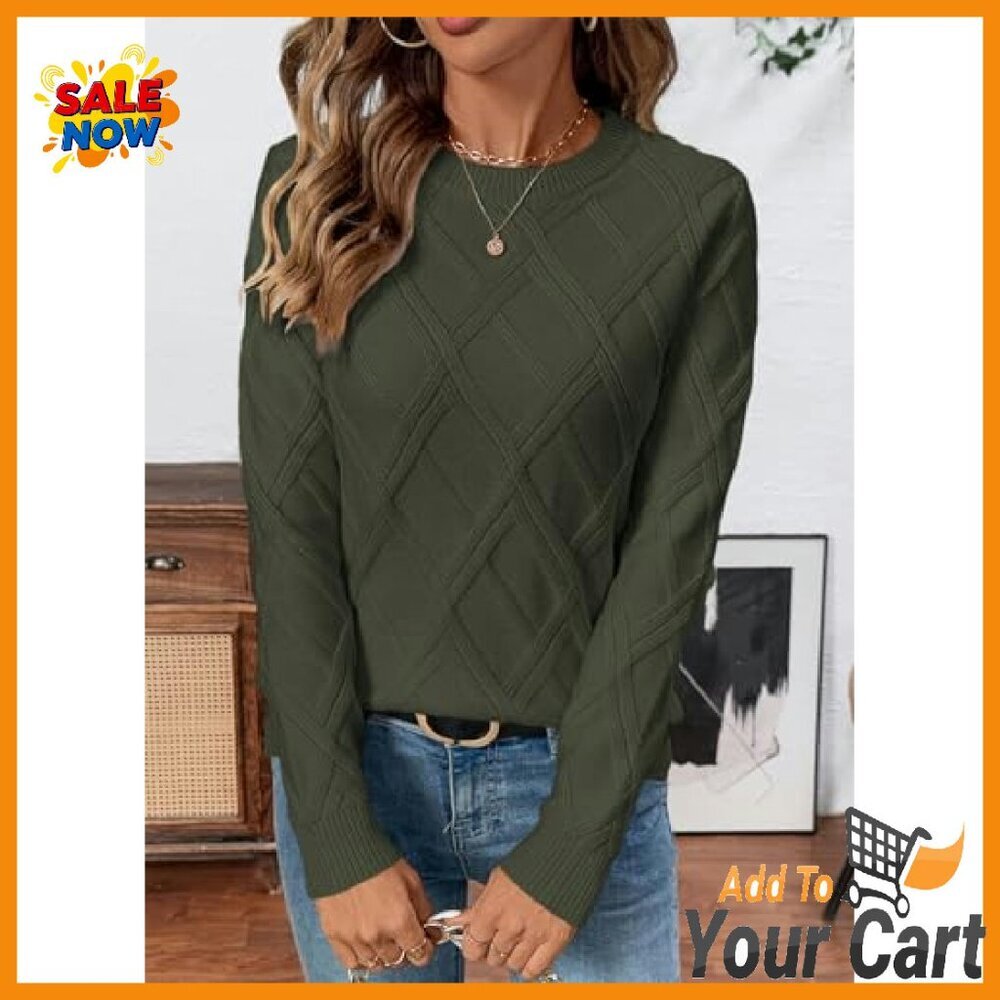 Cable Knit Crewneck Sweater, Viscose Blend, Fall Winter Tops - Picture 4 of 7